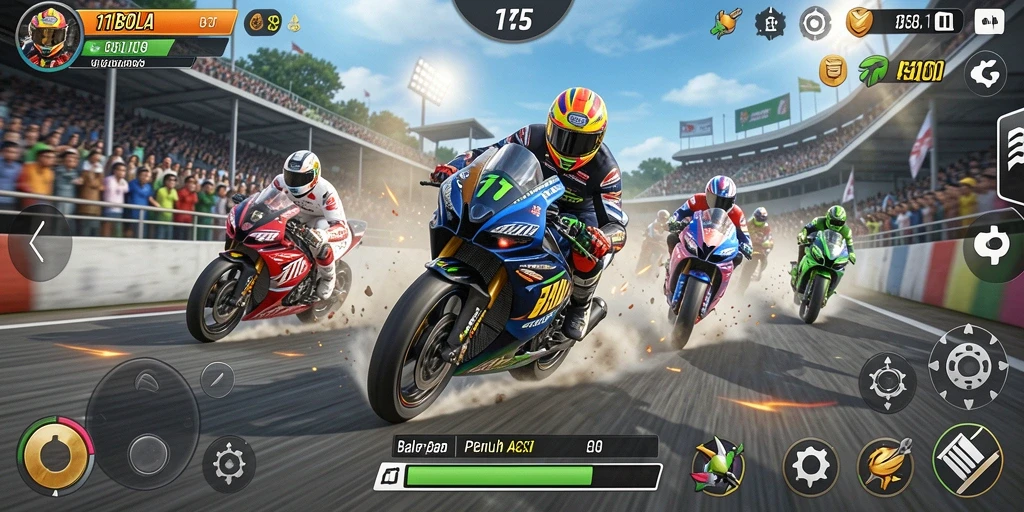Tampilan gameplay 11BOLA yang menegangkan saat balapan motor.