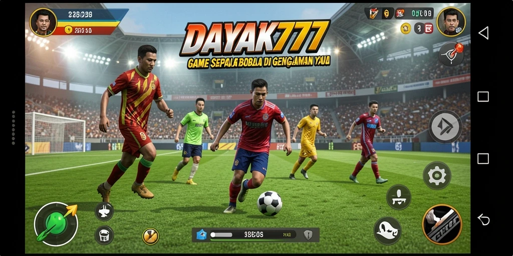 Screenshot utama DAYAK777 menunjukkan aksi seru dalam pertandingan sepak bola.