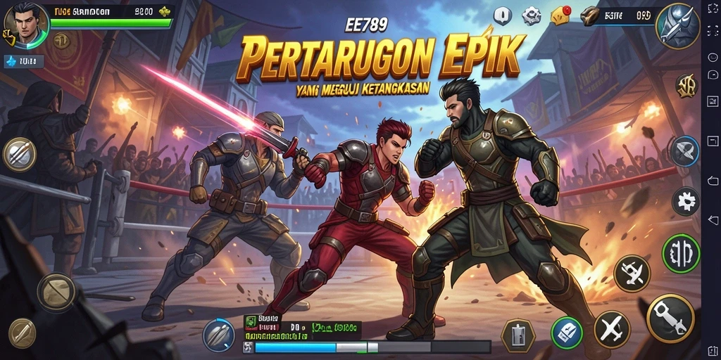 Screenshot EE789 menampilkan duel antara dua karakter dalam arena pertarungan yang mendebarkan.