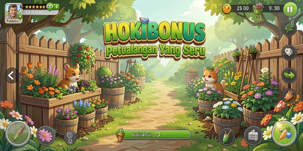 Screenshot gameplay HOKIBONUS yang menampilkan aktivitas berkebun.