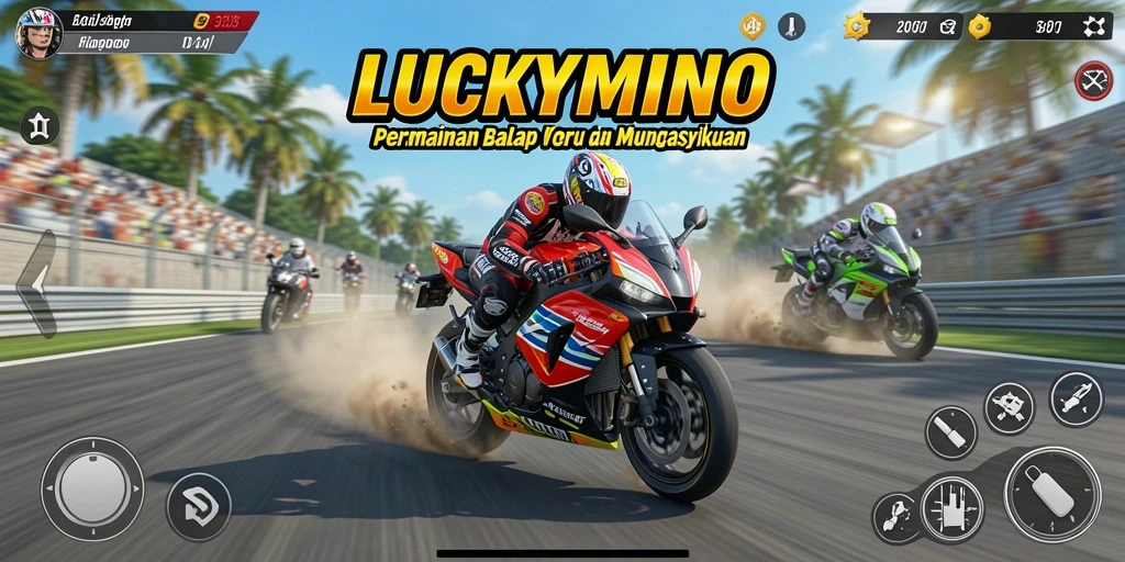 Screenshot LUCKYMINO menampilkan aksi balap motor di jalur yang menantang.
