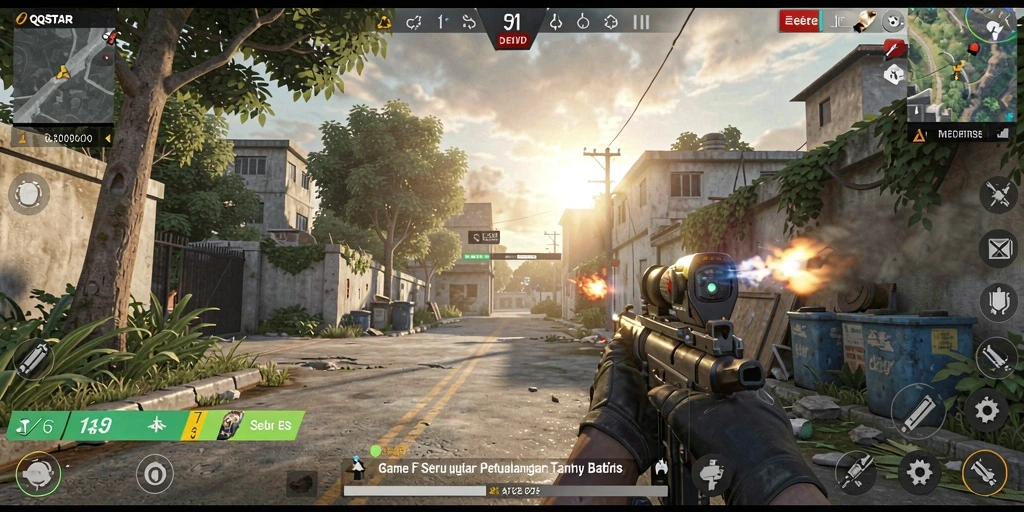 Screenshot gameplay QQSTAR menampilkan tindakan tembak menembak yang mendebarkan.