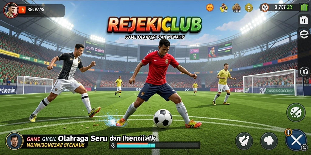 Screenshot utama dari gameplay <strong>REJEKICLUB</strong> yang menunjukkan aksi seru di lapangan.