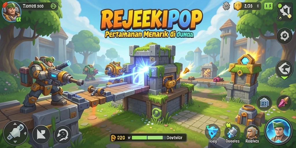 Screenshot gameplay menarik dari REJEKIPOP menunjukkan aksi menara yang seru.