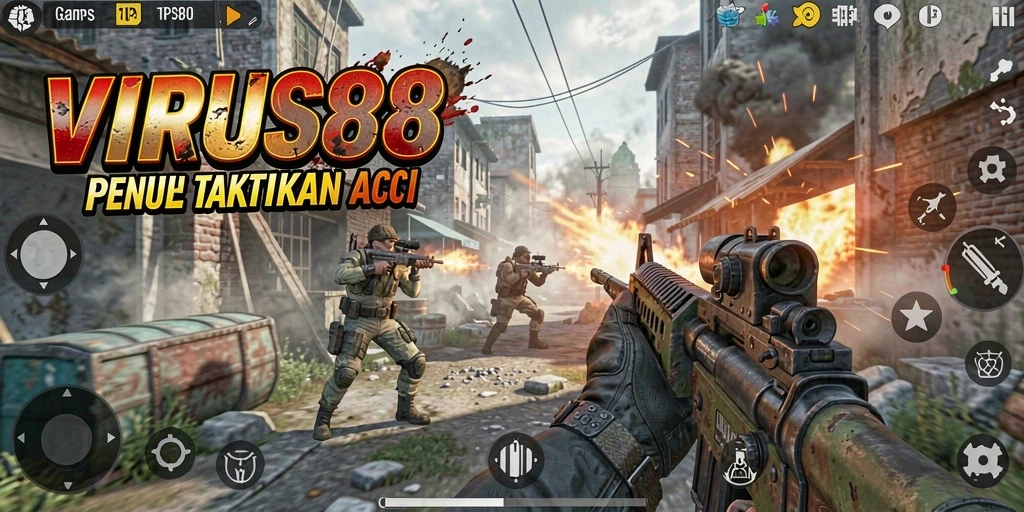 Tampilan gameplay menarik dalam VIRUS88 dengan latar perang yang dinamis.