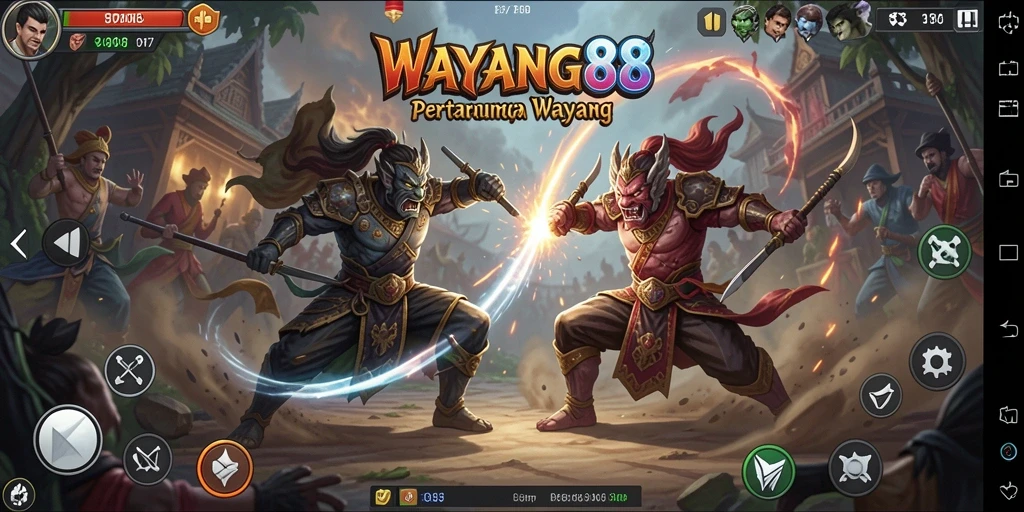 Screenshot utama WAYANG88 menampilkan pertarungan epik karakter wayang.