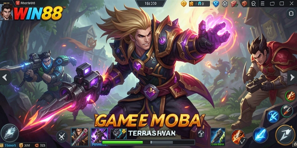 Tampilan gameplay seru dalam pertempuran MOBA yang mendebarkan.